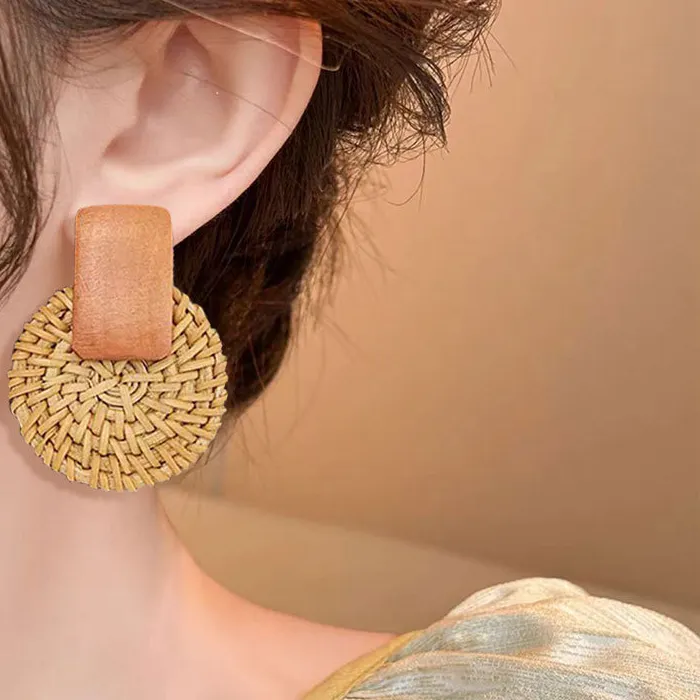 Authentic Minar Summer Braid Rattan Knit Round Geometric Wood Stud Earrings Handmade Holiday Beach Jewelry