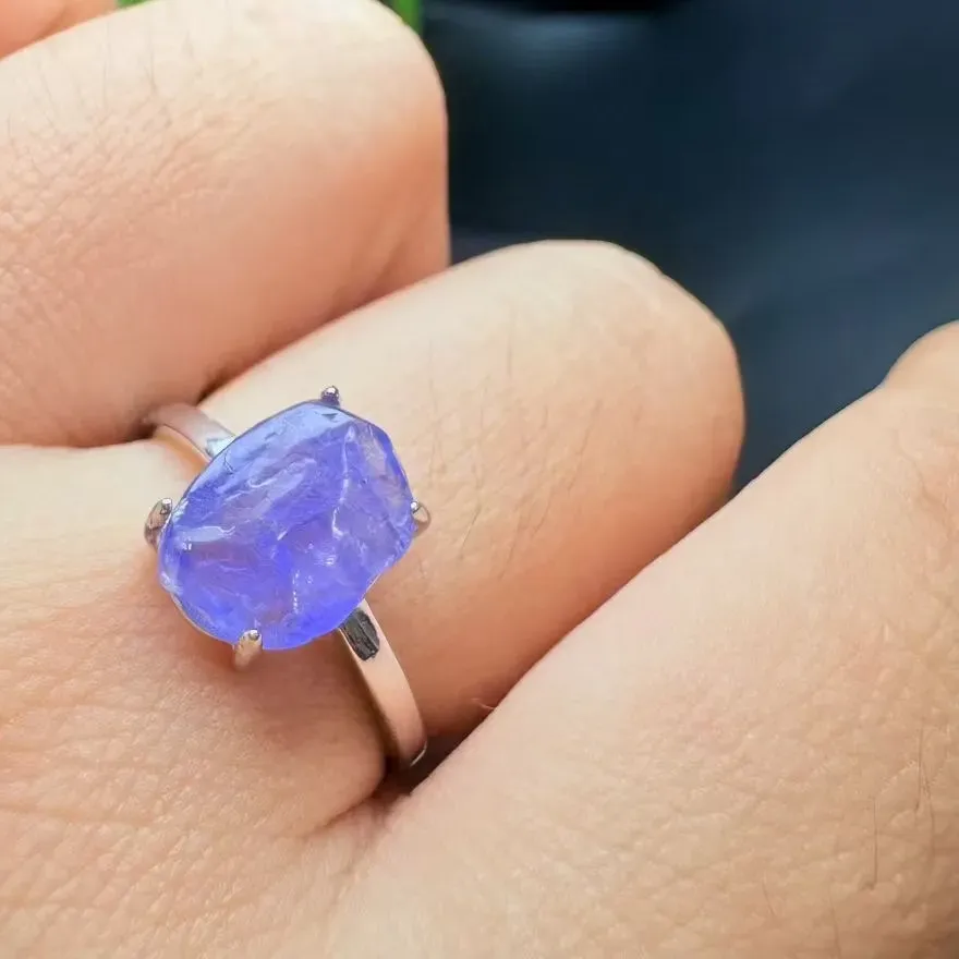 Authentic 1 Pc Fengbaowu Natural Stone Raw Rough Tanzanite Ring 925 Sterling Silver Resizable Jewelry And