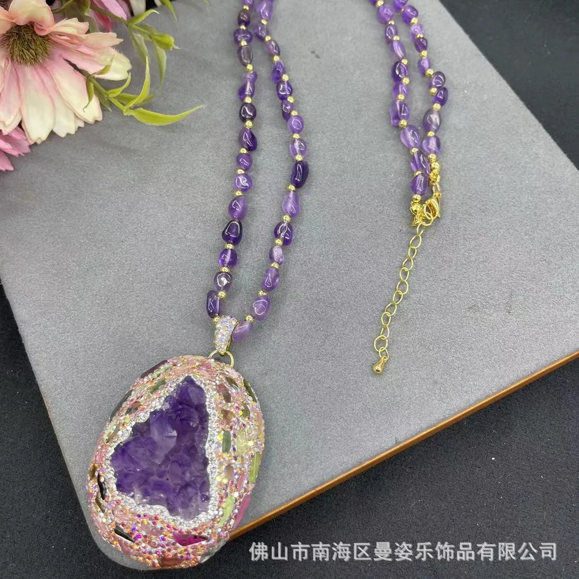 Authentic DIY accessories Natural Uruguayan amethyst rough stone necklace inlaid with tourmaline color treasure sweater chain European and