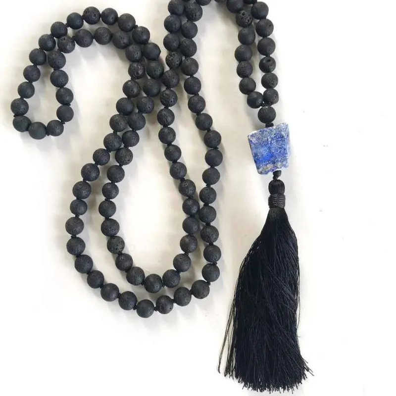 Authentic Natural Lava Rock & Raw Lapis Lazuli 108 Mala Beads Necklace with Black Tassel Grounding & Intuition Healing Crystal Jewelry