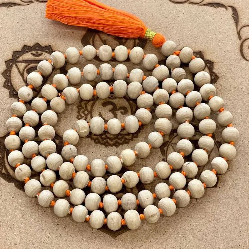 Authentic Natural Tulsi 108 Beads Mala Necklace with Orange Tassel Spiritual Meditation Jewelry
