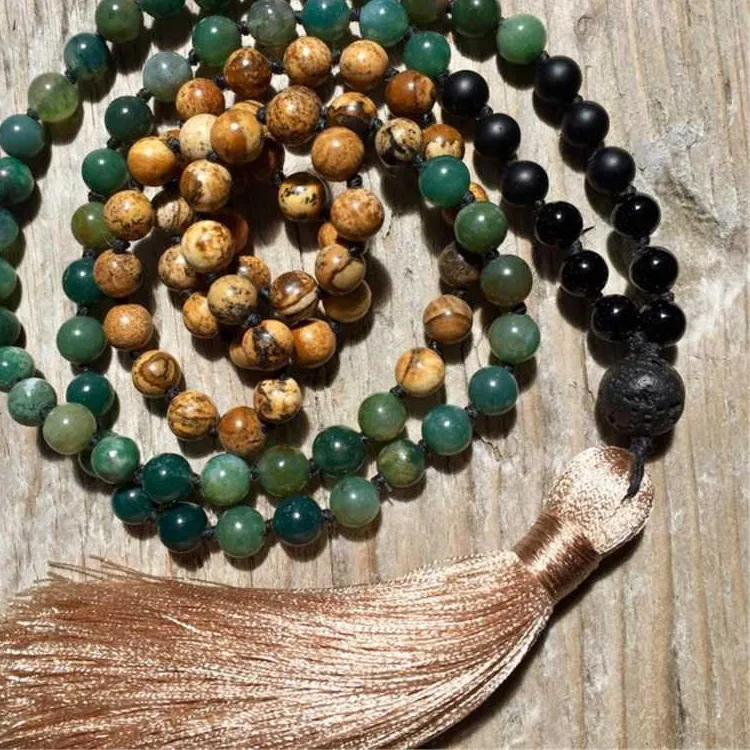 Authentic The Weaver of Earthly Dreams - Picture Jasper and Green Aventurine 108 Mala Bead Sacred Talisman