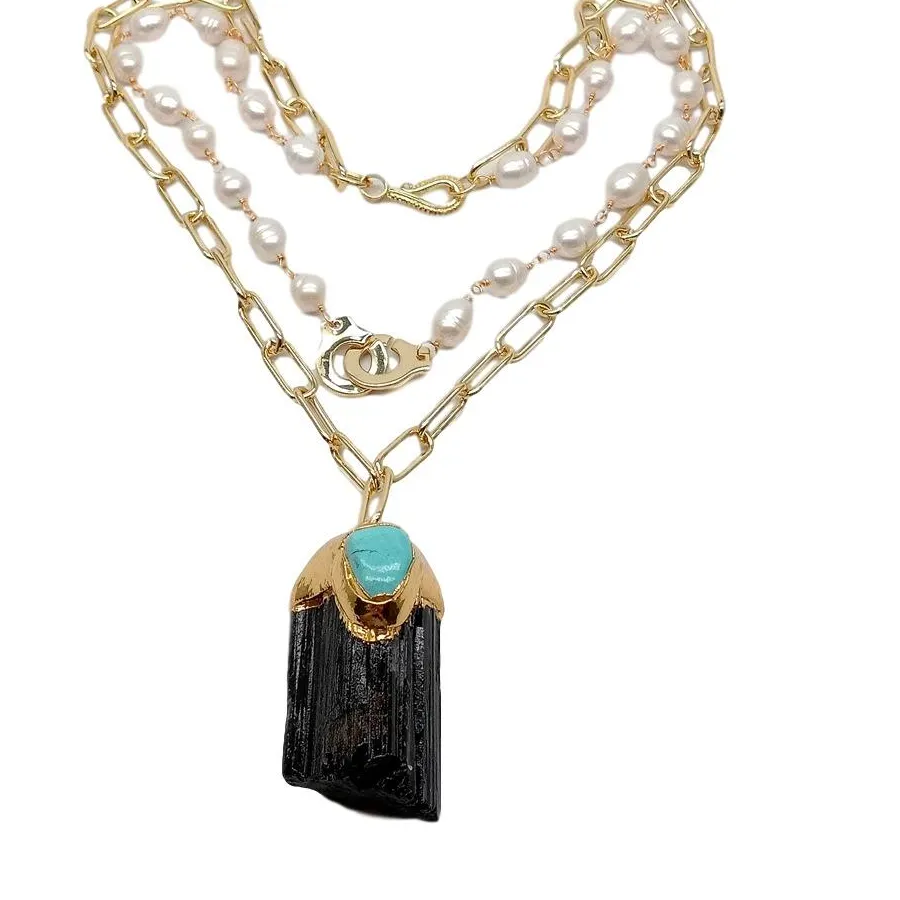 Authentic YYGEM  Freshwater White Rice Freshwater Pearl Gold Filled Chain Natural Black Tourmaline Rough Pendant Necklace 18"