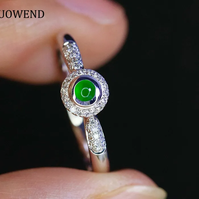 Authentic LUOWEND 100% 18K White Gold Rings Fashion Elegant Style Shiny Diamond Natural Jade Gemstone Ring for Women High Wedding Jewelry