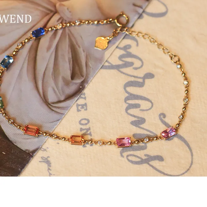 Authentic LUOWEND 100% 18K Rose Gold Bracelet Romantic Rainbow Design Shiny Diamond Natural Sapphire Bracelet for Women Wedding Jewelry