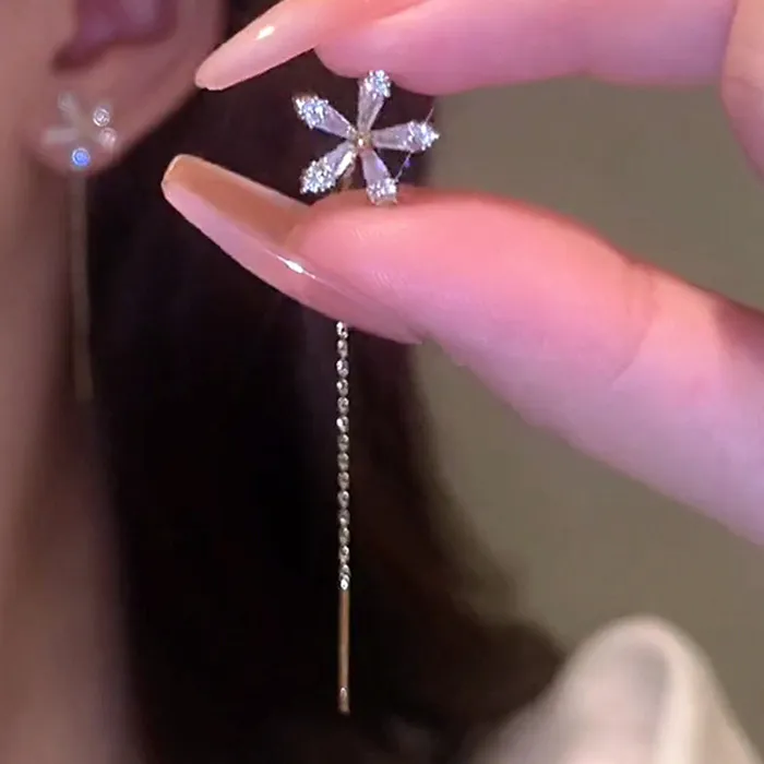 Authentic S925 Silver Needle Micro-inlaid Zircon Flower Ear Line Exquisite Light Luxury High Quality Drop Earring Star Jewelry Gifts