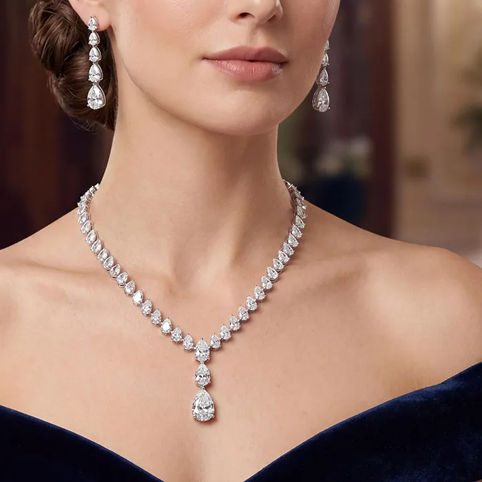 Authentic Solid 14k White Gold Pear Cut Full Eternity EF VS-VVS Necklace(35ctw）& Earring（9.2ctw）Lab Grown Diamond Matching Setting IGI