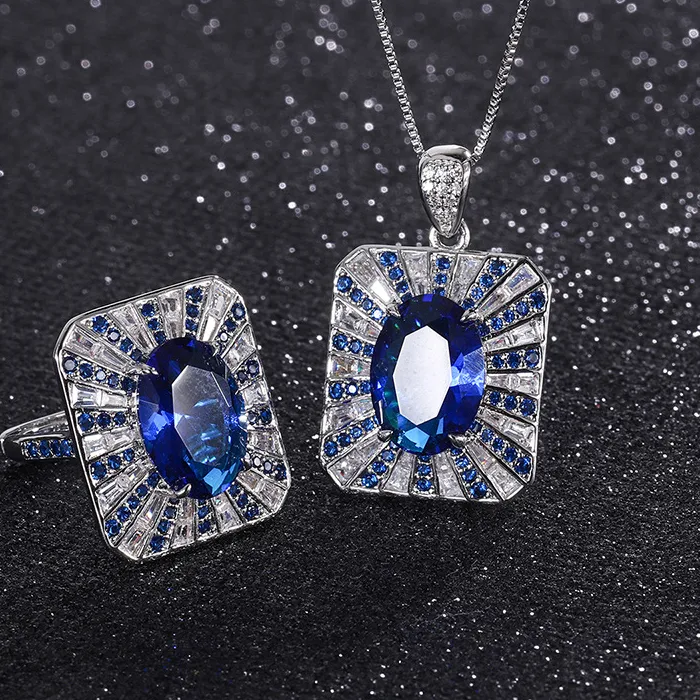 Authentic High-end Jewelry Luxury Inlaid Popular Ring Colorful Sapphire Blue Large Square Pendant Ring Set Main Stone 10*1