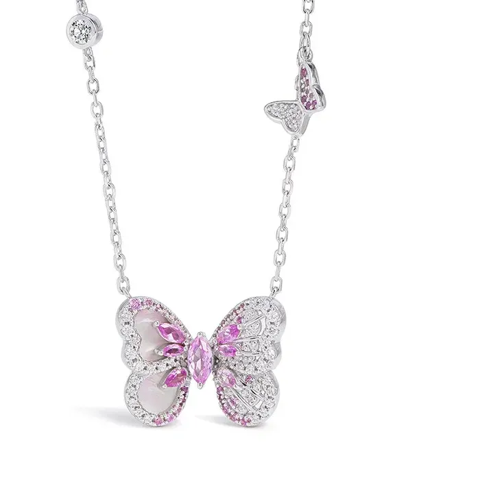 Authentic Bellux Pink Gradient White Shell Corundum Butterfly Pendant Fine Jewelry S925 Silver Gold Plated Necklace