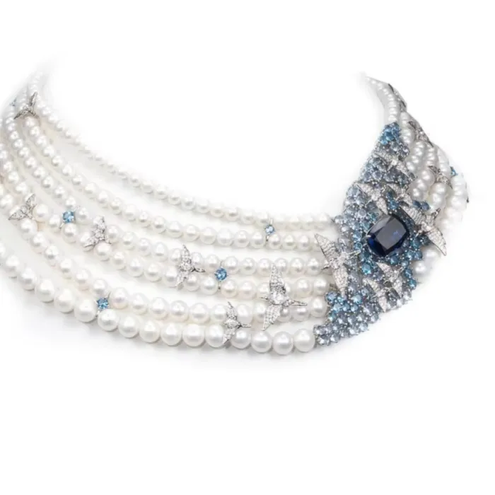 Authentic Bellux Necklace 925 Silver Synthetic Zircon Sapphire White Pearl Seagull Multi Layer Fine Necklace