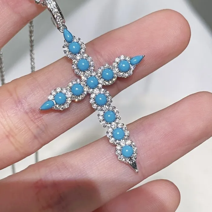 Authentic BELLUX S925 Silver Plated Synthetic Turquoise Cross Personality Necklace Design Jewelry Necklace