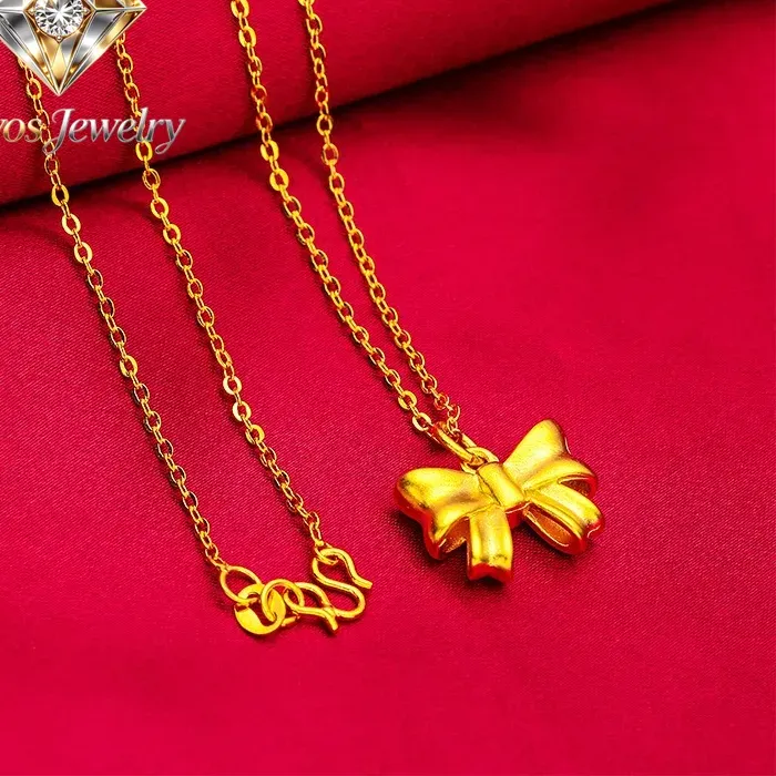 Authentic Kryos Jewelry 24K Gold Bowknot Women's Necklace, AU999 Pure Gold - Vietnam Chain Style, Bowknot Texture + Sand Gold Refraction