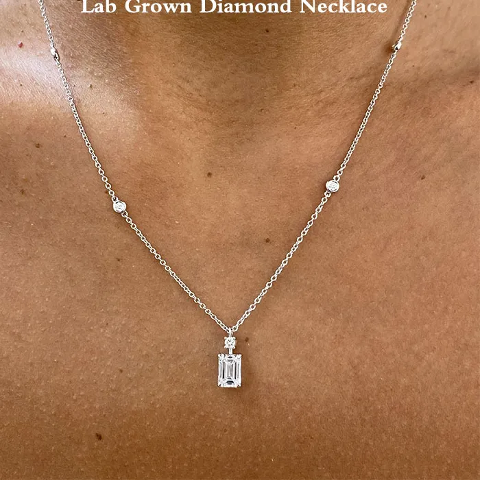 Authentic 14K White Gold/925 White Silver Pendant Emerald & Round Cut CVD HPHT 1.24Ct DEF-VS Lab Grown Diamonds Setting Elongated Necklace