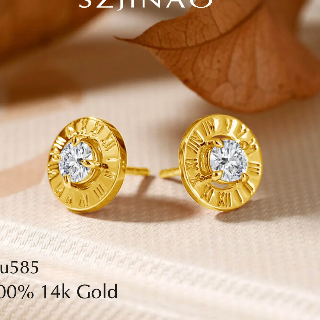 Authentic Celestial Numeral Elegance: 14K Gold Roman Studs with Radiant Moissanite