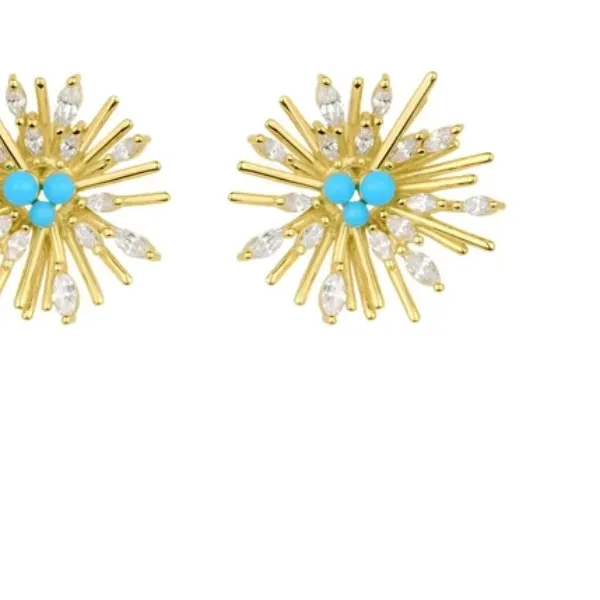 Authentic BELLUX 925 Silver Gold Plated Firework Stud Earrings Turquoise Synthetic Zircon Unique Burst Shaped Boho Style Jewelry