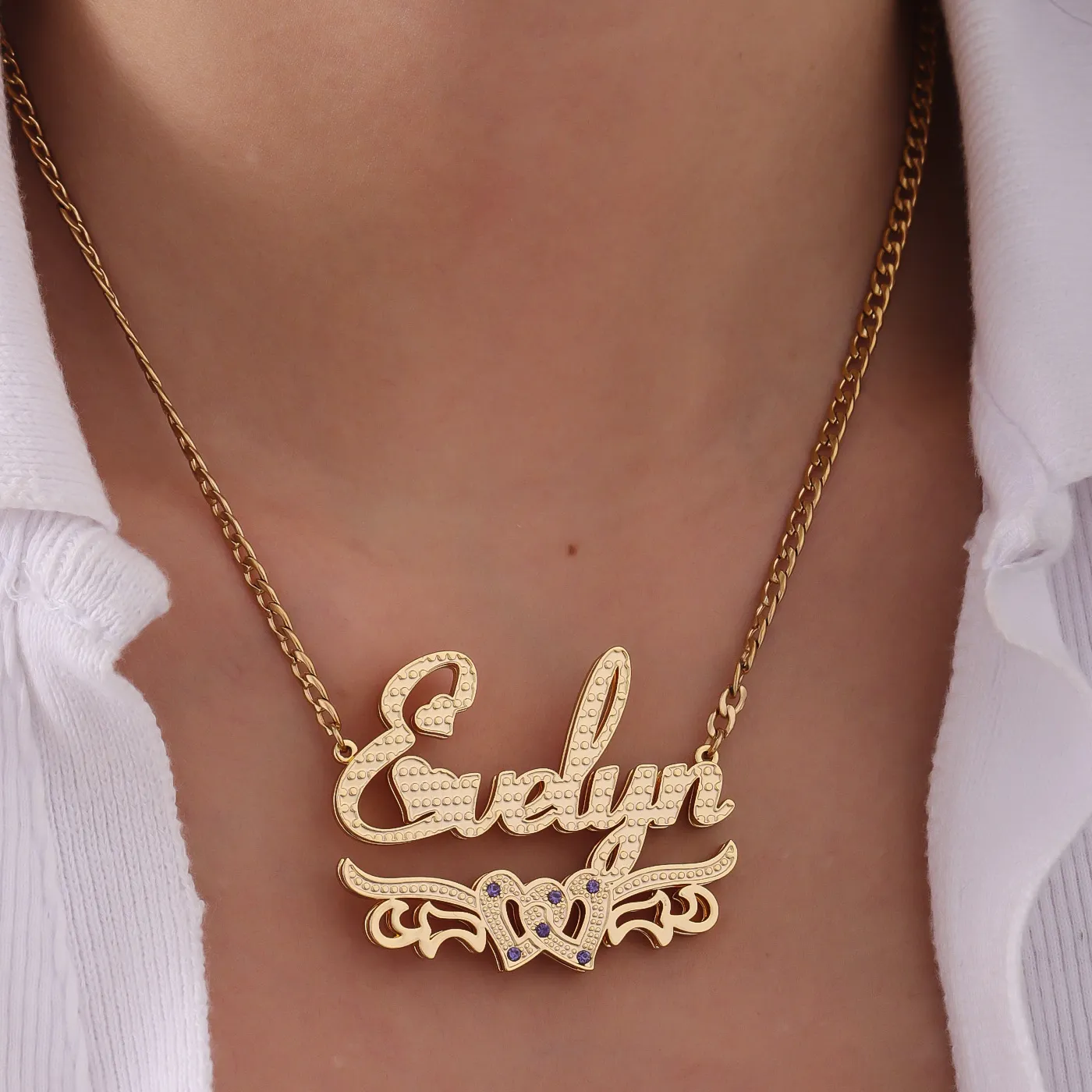 Authentic Dascusto Custom Name Necklace With Birthstone 18K Gold Plated Double Layer Personalized Double Love Necklace