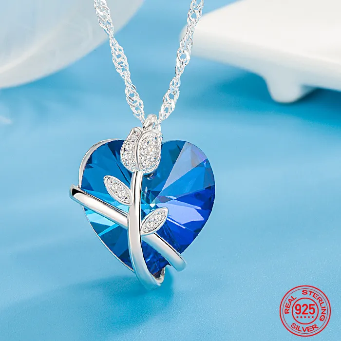 Authentic Zdadan 925 Sterling Silver Rose Flowers Blue Heart Crystal Necklace Jewelry