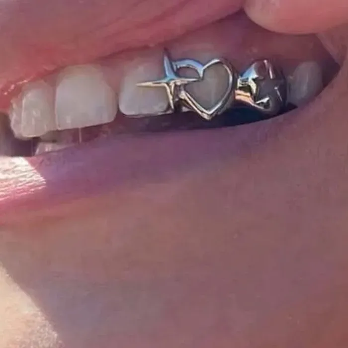 Authentic Punk Hip Hop Hollow Heart Teeth Caps for Women Men Vintage Silver Color Double Love Star Tooth Grills Couple Jewelry Accessories