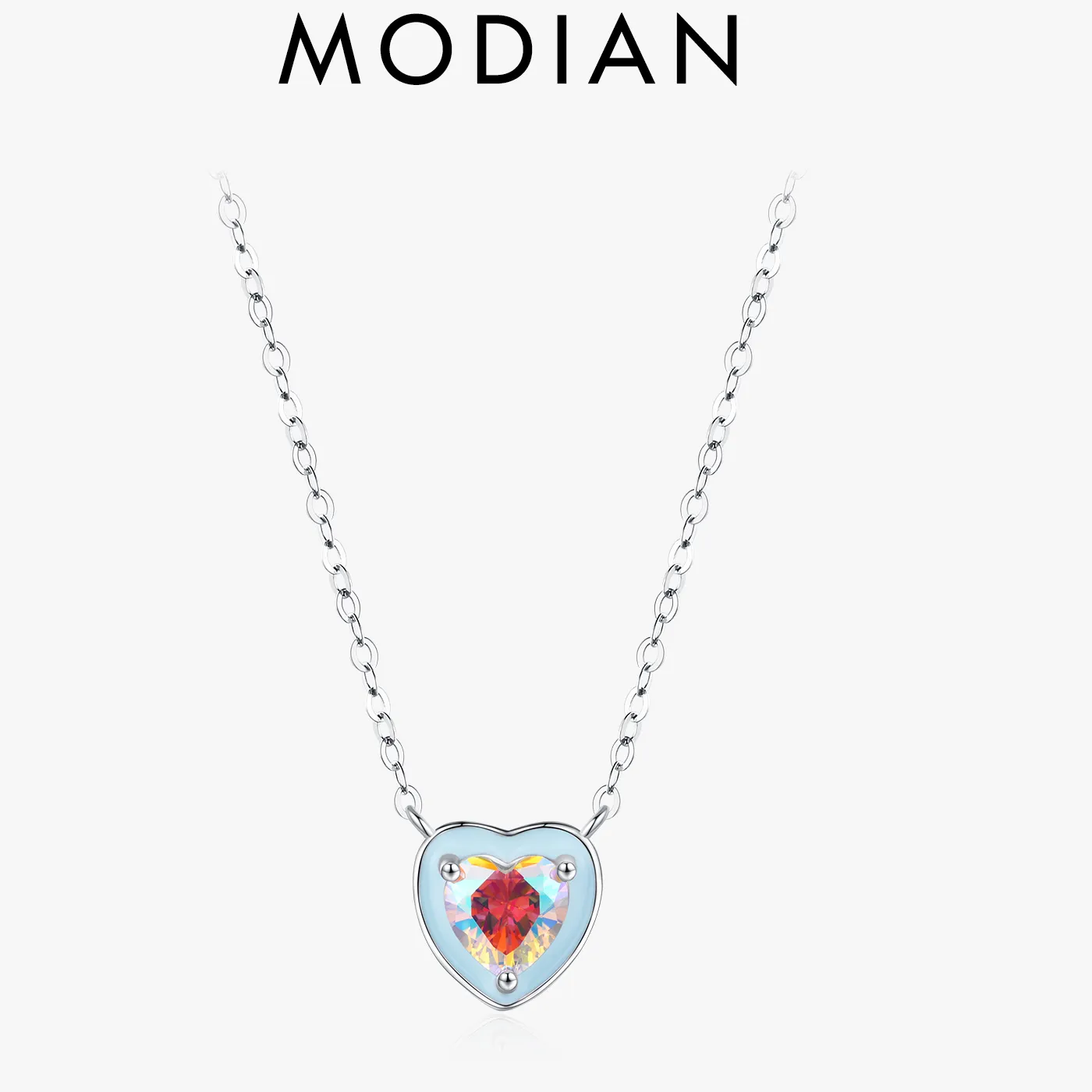 Authentic MODIAN Light Blue Enamel Hearts Pendant 925 Sterling Silver Colorful Romantic Heart Chain Necklaces For Women Fine Jewelry Gifts