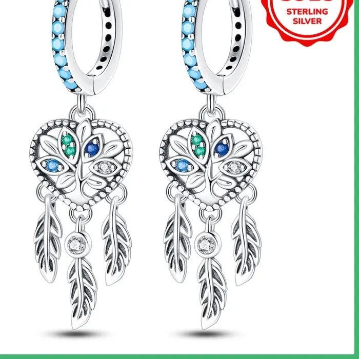 Authentic Original 925 sterling silver heart-shaped dream catcher with hollowed out women's fashionable earrings birthday jewelry