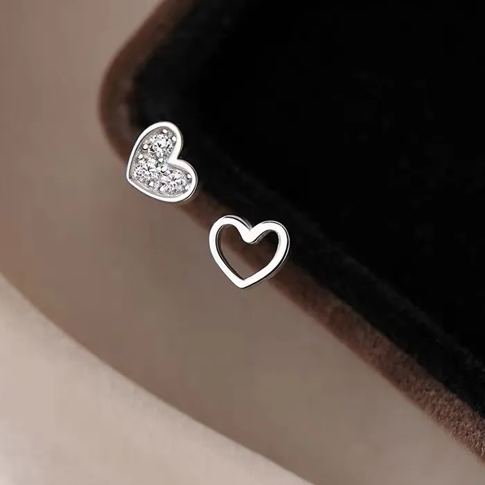 Authentic Silver Color Zircon Hollow Heart Mini Stud Earrings For Women Trendy Fine Jewelry Small Niche Luxury Accessories