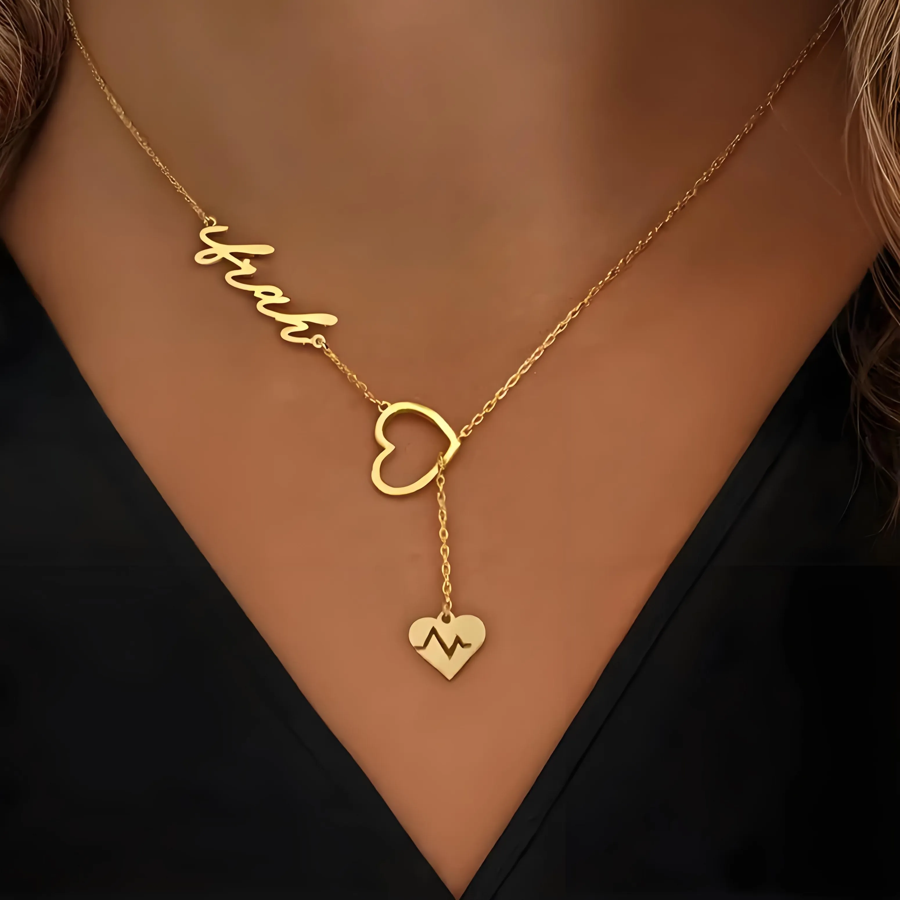 Authentic Personalized Couple Heartbeat Name Necklace, Y- Shaped Chain Custom Jewelry, Ideal Valentine's Day