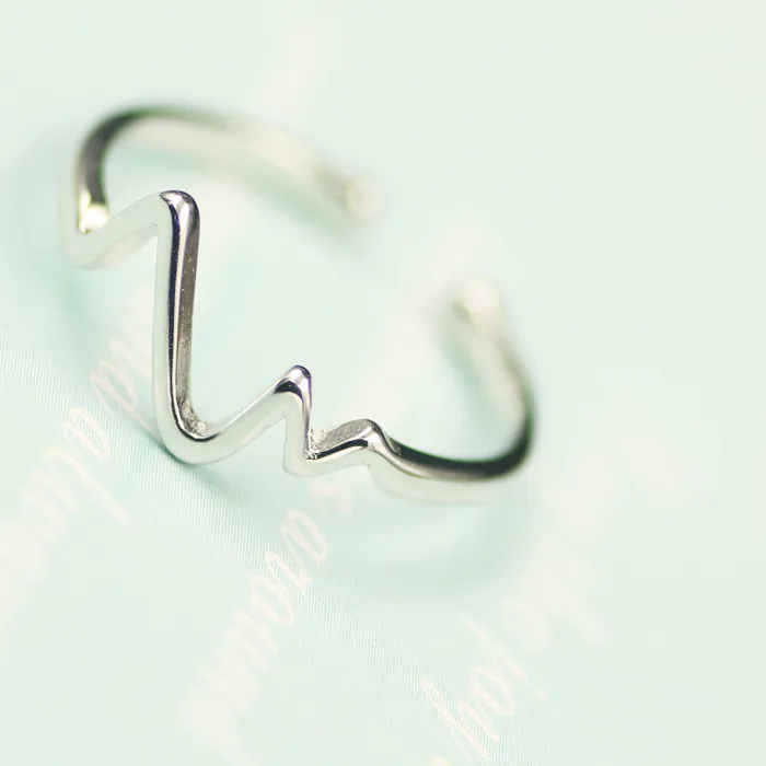 Authentic 925 Sterling Silver Heartbeat Adjustable Ring For Women Party Fine Jewelry Minimalist Punk Accessories