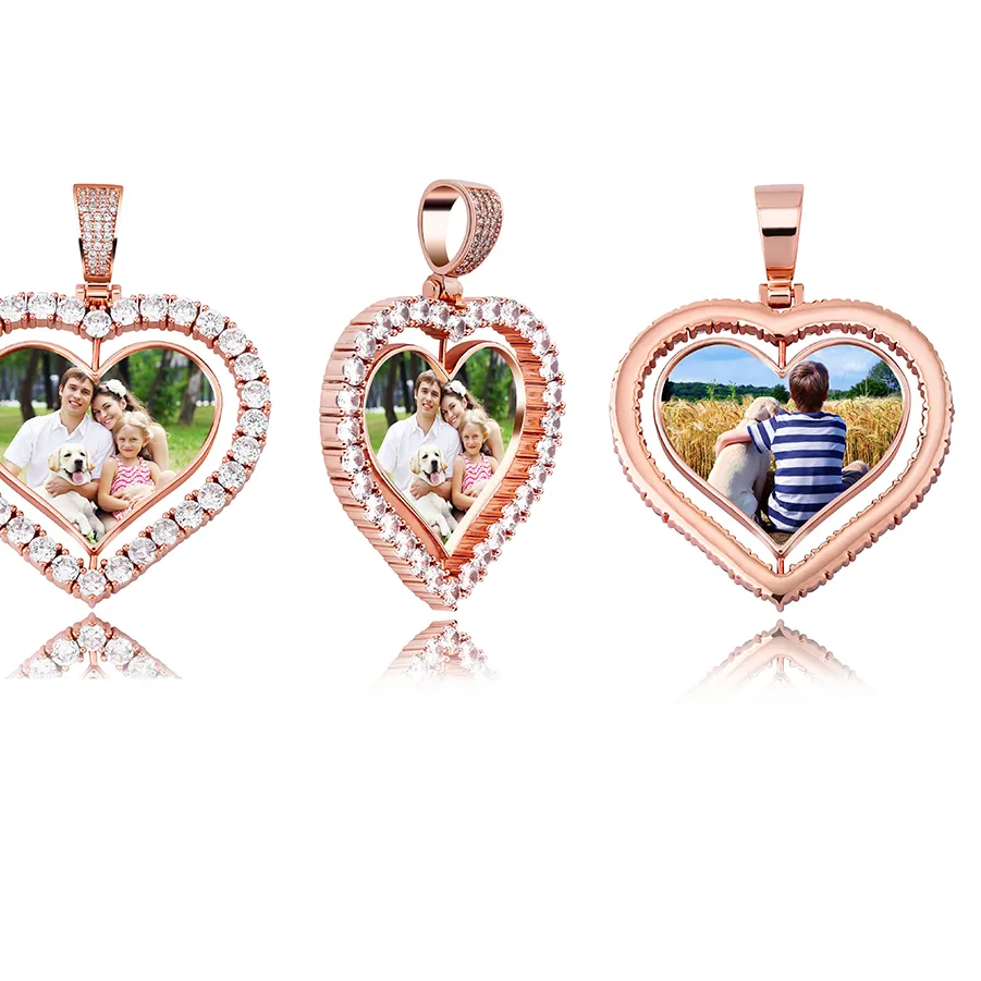 Authentic TOPGRILLZ Heart Shaped Custom Photo Spin Double Sided Medallion Pendant Necklace With 4mm Tennis Chain Zircon Hip Hop Jewelry
