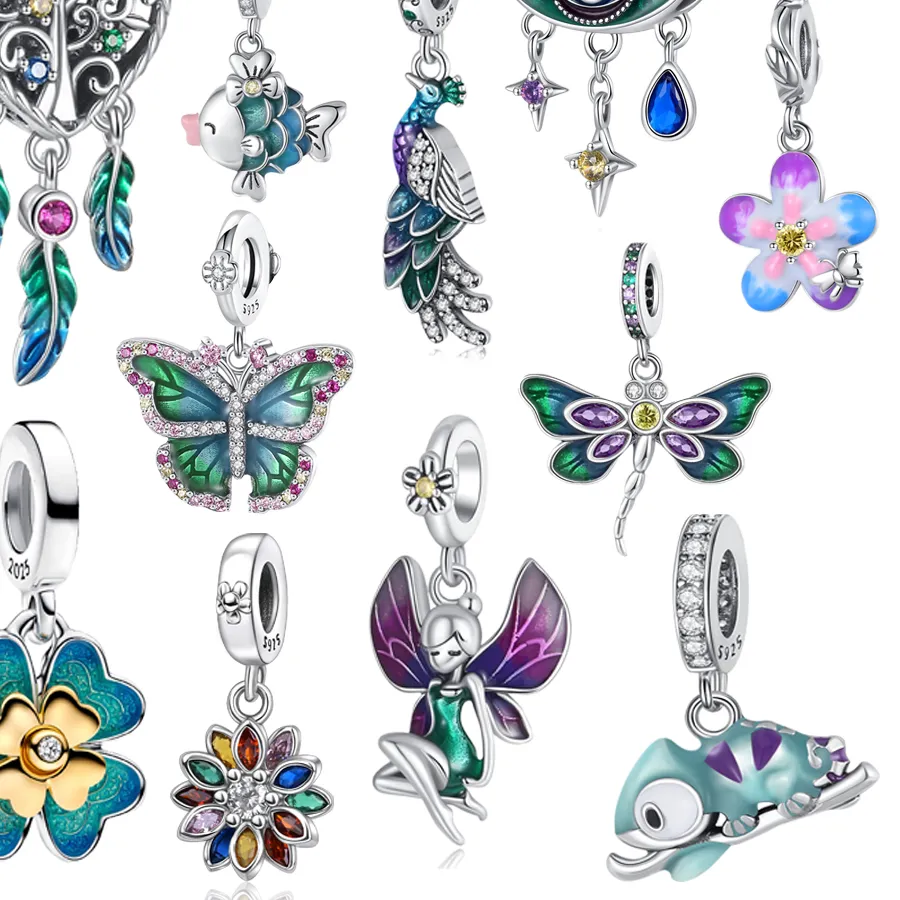 Authentic Colorful ones 925 Sterling Silver Feather Tassel Hollow Heart&Peacock&Rainbow Flower&Elf&Butterfly Pendant