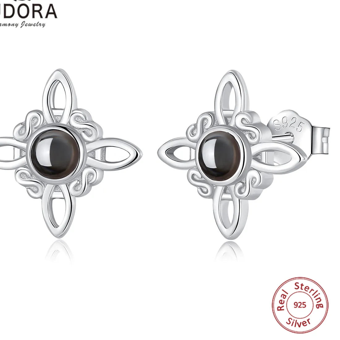 Authentic Eudora 925 Sterling Silver Witch Knot Earrings for Women Obsidian Irish Celtic Knot Stud Earrings Witchcraft Jewelry Party