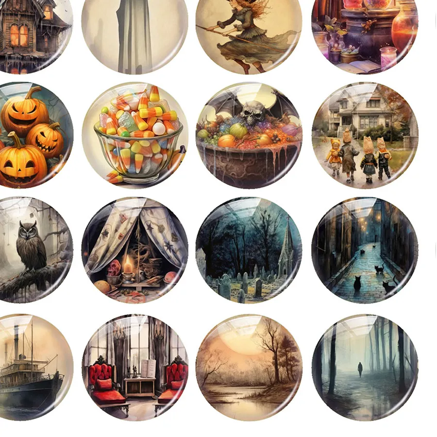 Authentic Halloween Gothic Horror Owl Cat Witch Pumpkin Ghost Cauldron Photo Glass Cabochon Flatback Demo Cameo For Diy Jewelry Making