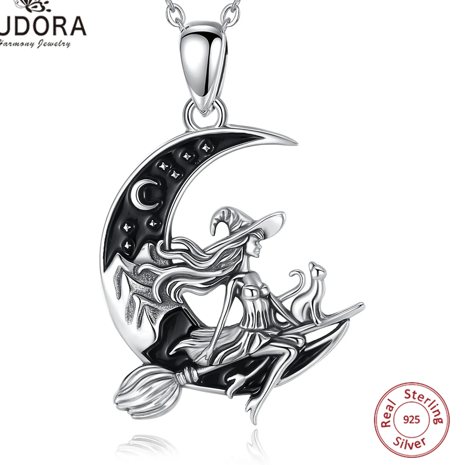 Authentic Eudora 925 Sterling Silver Witch Broom Crescent Moon Necklace Cat Witch Pendant Wicca Pagan Jewelry Spiritual for Women Men