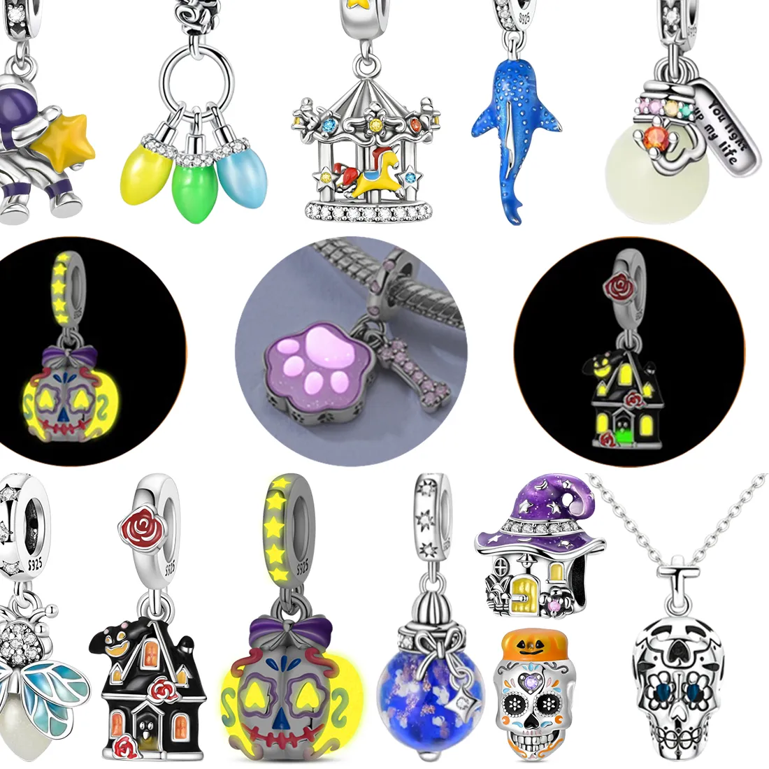 Authentic 925 Silver Glow Dark Sugar Skull Star Bottle Charms Luminous Astronaut Witch Hat Beads Fit DIY Bracelet Necklace Jewelry