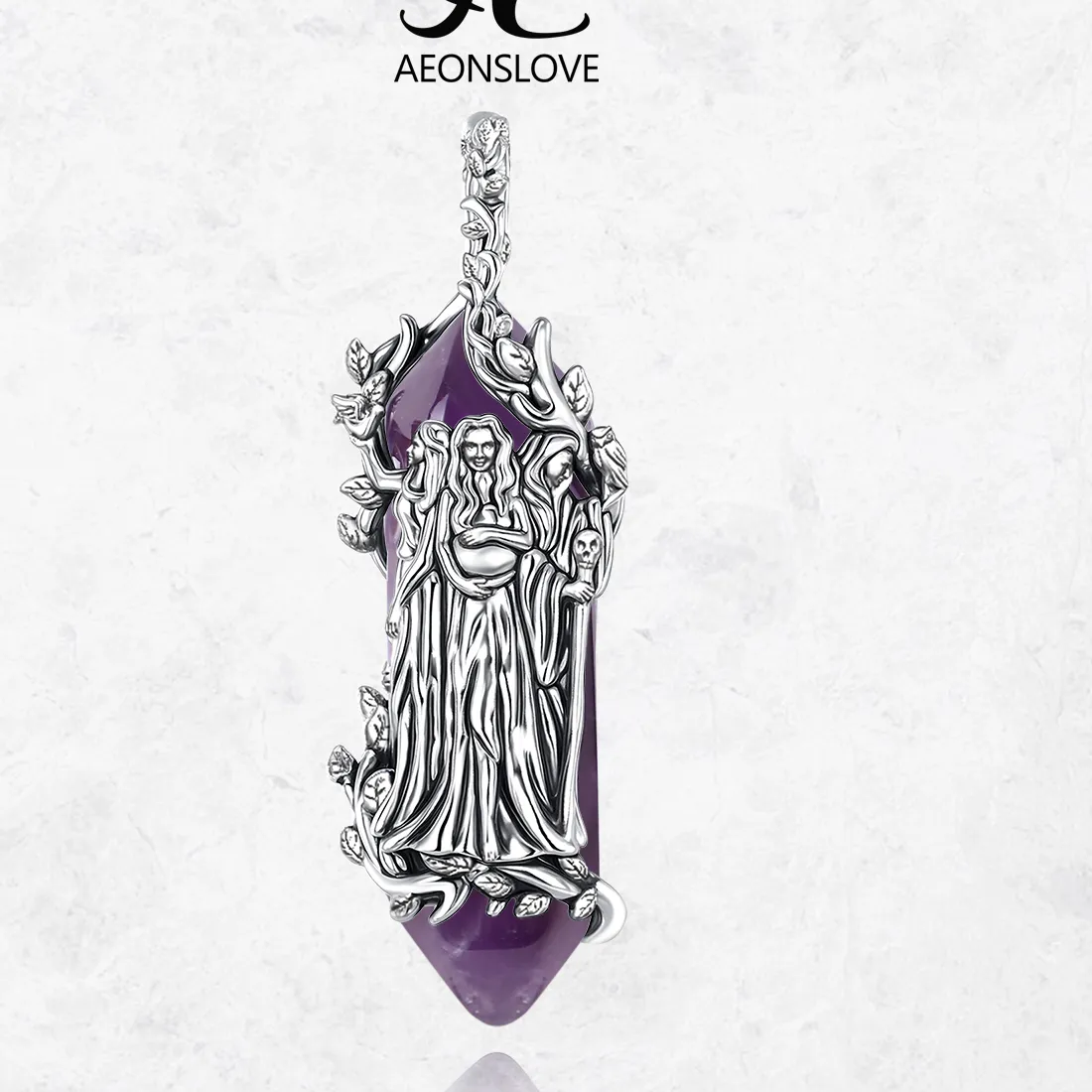 Authentic AEONSLOVE Vintage Triple Moon Goddess Necklace Natural Amethyst Hecate Pendant Amulet Wicca Pagan Jewelry Spiritual