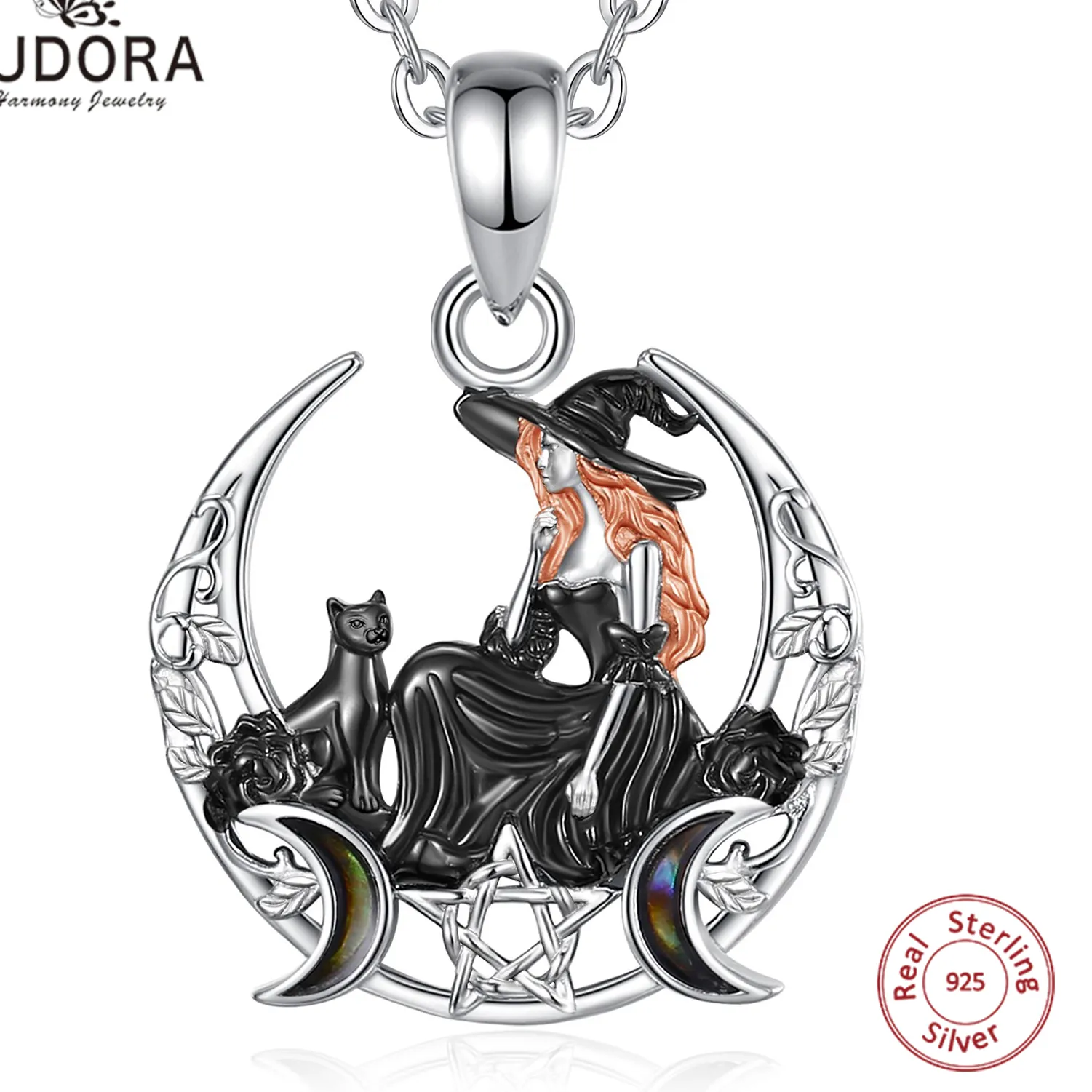 Authentic Eudora 925 Sterling Silver Crescent Moon Witch Black Cat Necklace Pentagram Triple Moon Goddess Pendant Wiccan Pagan Jewelry