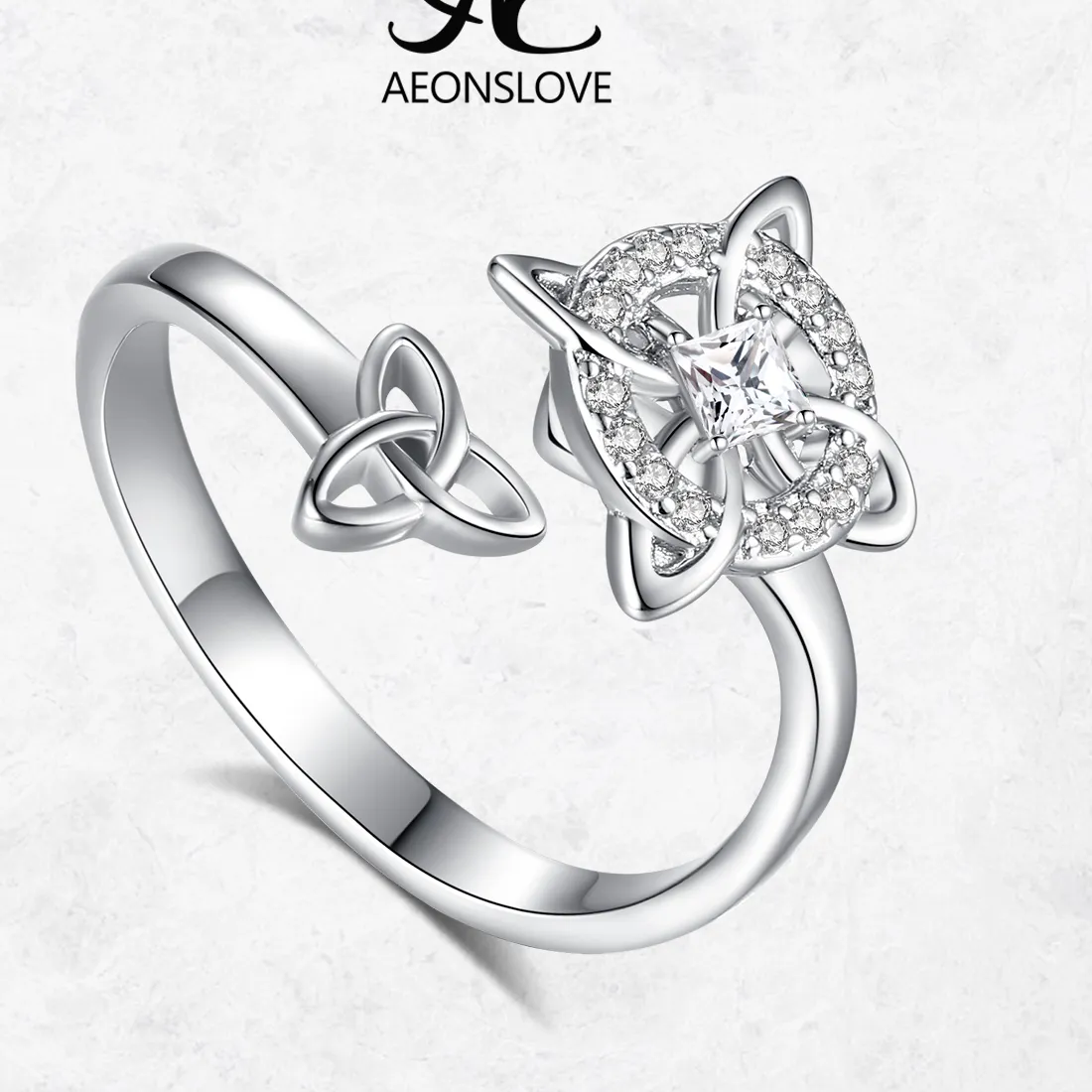 Authentic AEONSLOVE 925 Sterling Silver Witch Knot Adjustable Ring CZ Celtic Knot Open Ring Wicca Pagan Jewelry Mothers Day for Women