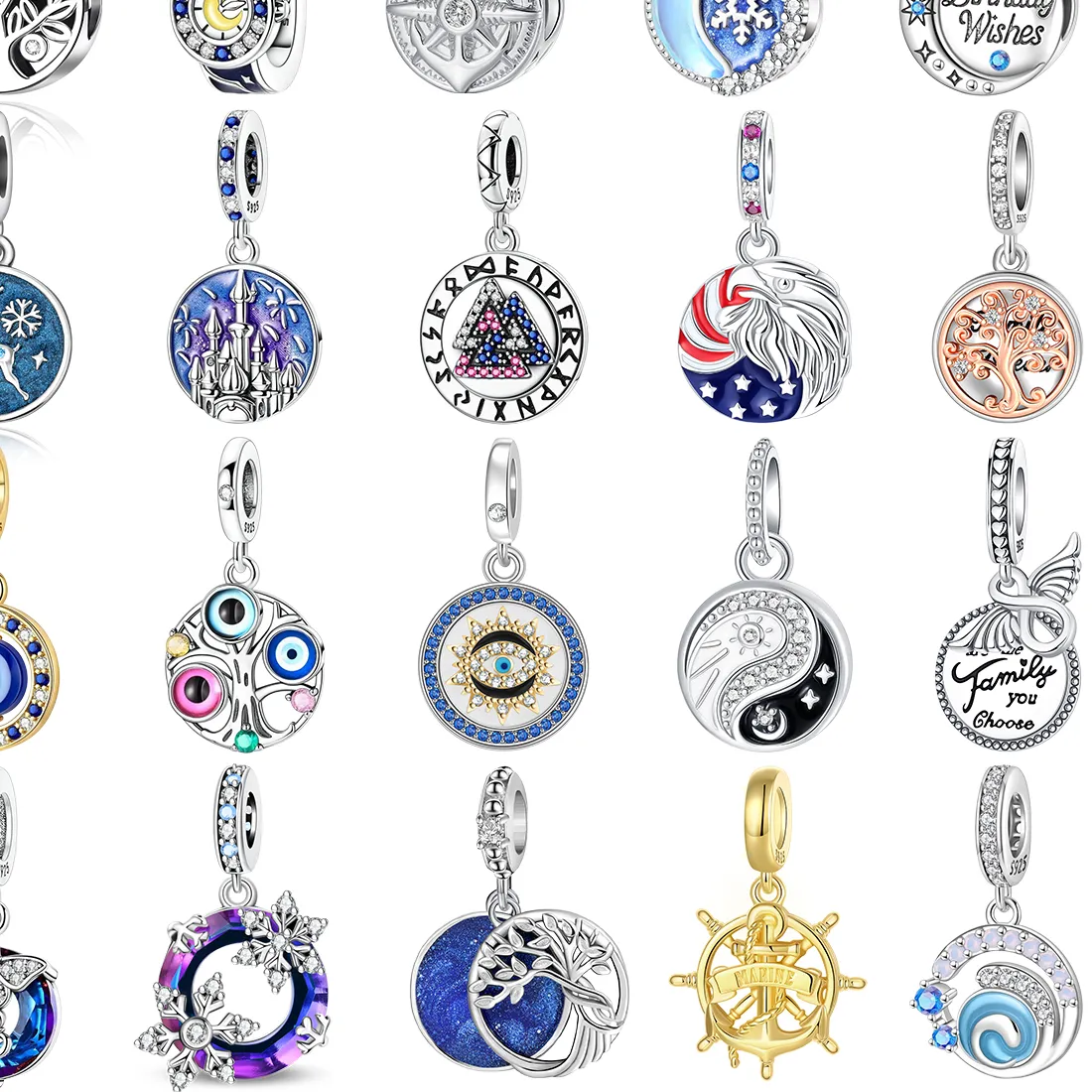 Authentic 925 Sterling Silver Bead Jewelry Pendant Coin Tree Of Life Evil Eye Snowflake Castle Nautical Inlaid Gem Diy Bracelet