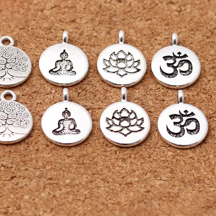 Authentic 10pcs/lot Tibetan Silver Round Tag Lotus/Life Tree/Buddha Charms 15mm Handmade Metal Pendants DIY Jewelry Making Accessories
