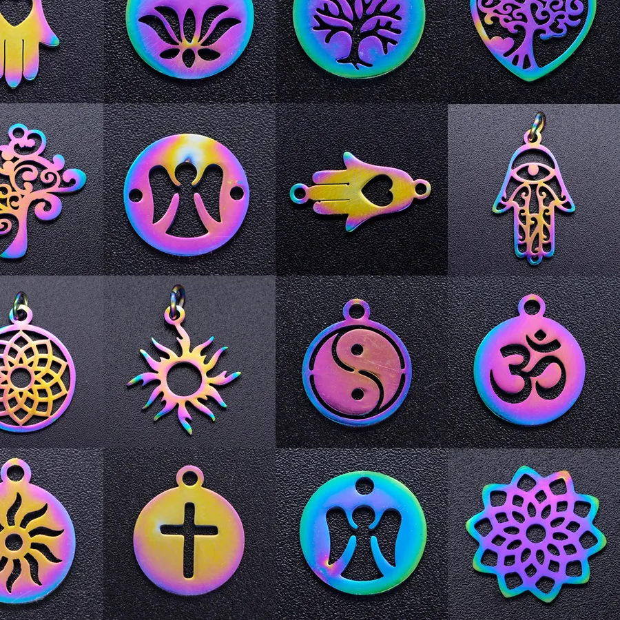 Authentic 5pcs/lot Rainbow Religious Tree of Life DIY Charms Pendant Yoga Om Hamsa Hand Sun Connectors Charm