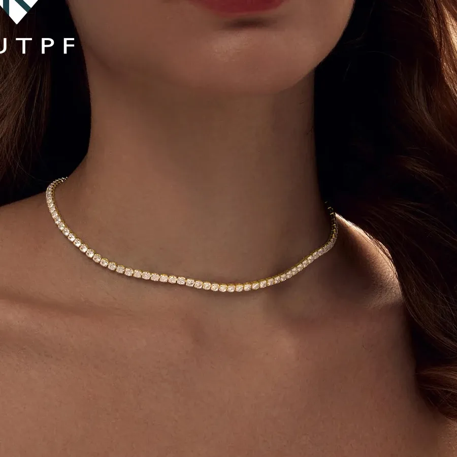 Authentic Mystical Radiance: 2mm Moissanite Tennis Necklace of Golden Illumination