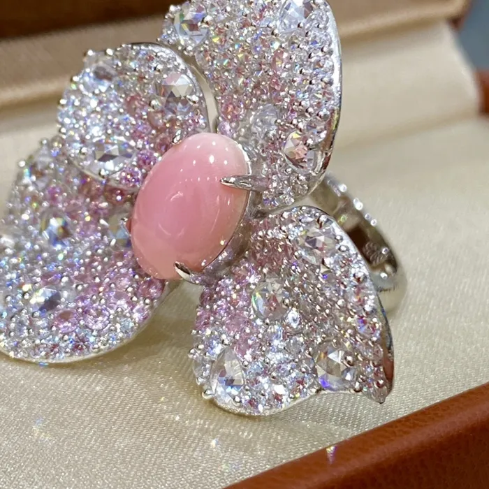 Authentic Kqdance Large Solid 925 Silver Synthetic Pink Conch Pearls Jewelry Flower Open Ring