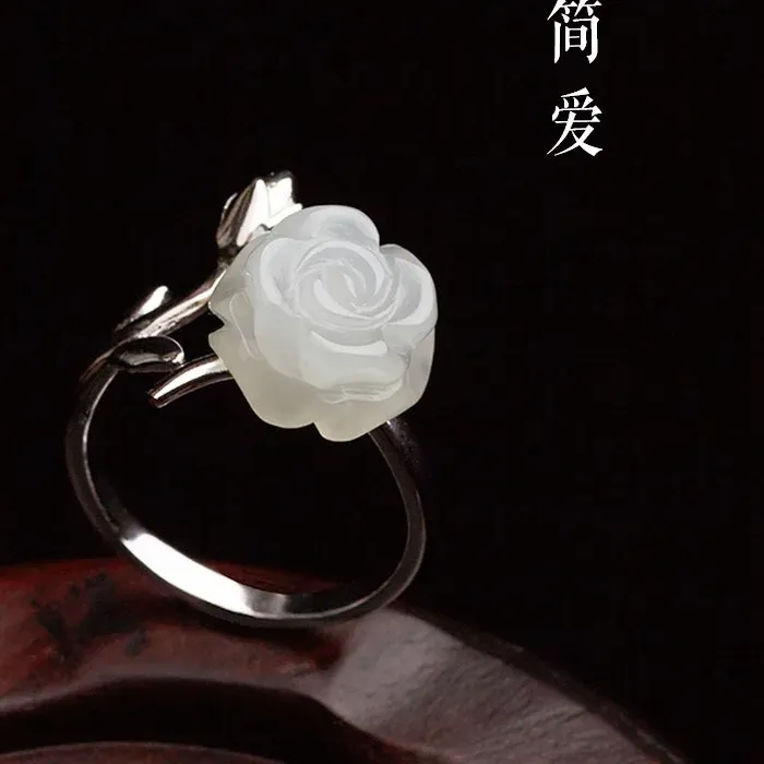Authentic Jade Rose Rings Jewelry Chinese 925 Silver Amulet Natural Stone Gemstones Adjustable Ring Charms Jadeite