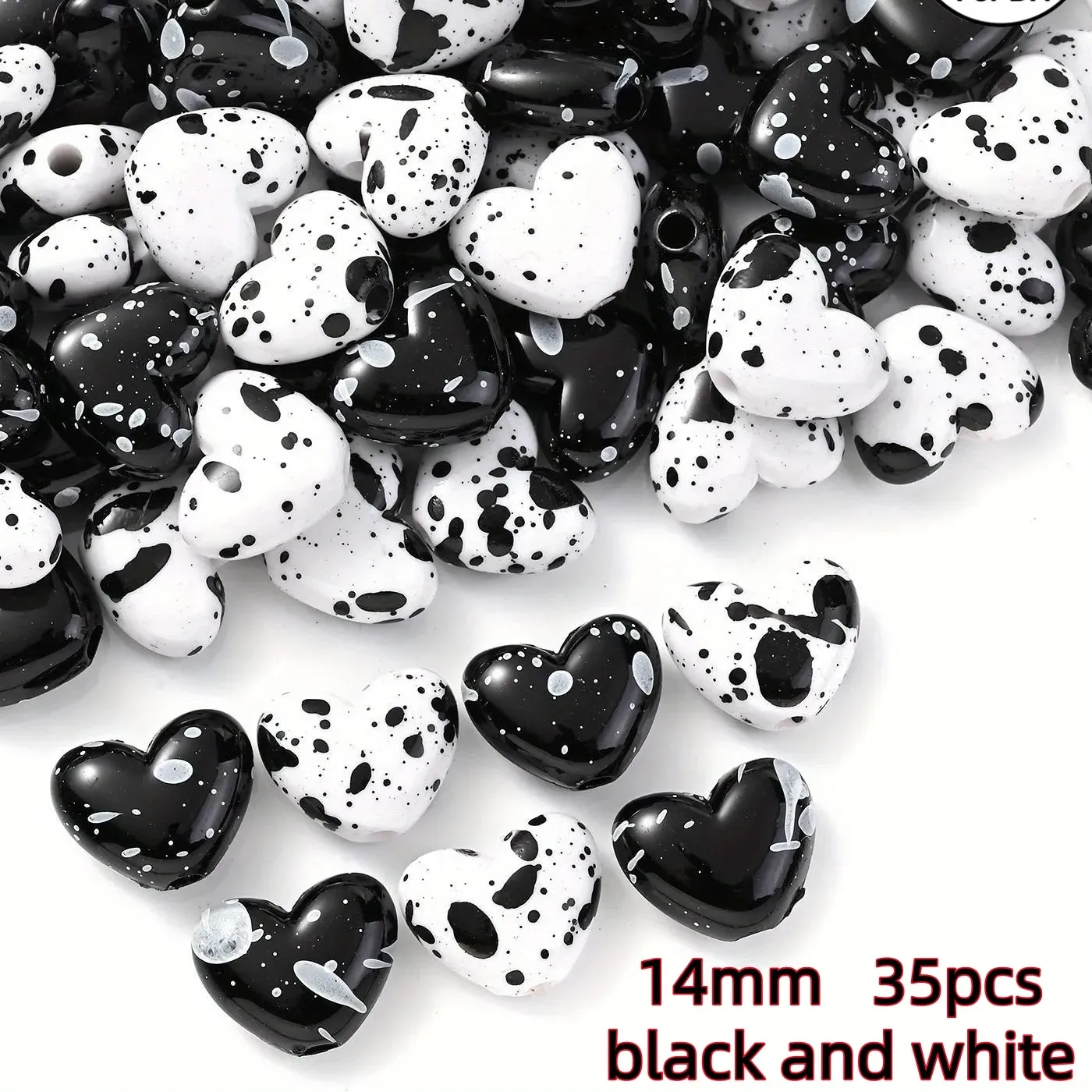 Authentic 14mm 35pcs black and white spray peach heart beads, suitable for accessories such as bracelets and necklaces