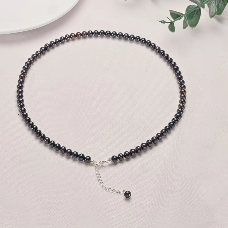 Authentic Hengsheng 5- 6.5Mm Near Round Black Freshwater Pearl Necklaces 925 Sterling Silver 40Cm 45Cm 50Cm Adjustable Necklaces