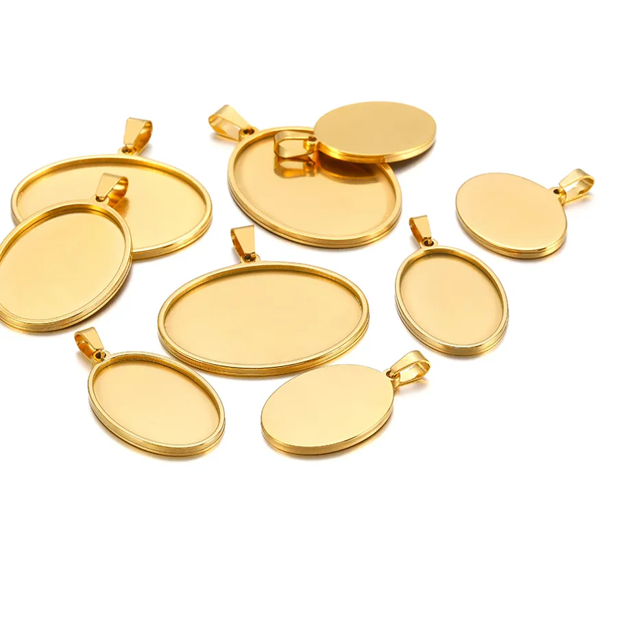 Authentic 5Pcs Base 13*18mm Gold Oval Blank Bases for Pendants Tray 18/25/30/35/40mmcabochon Cameo Base Settings Jewelry Making Supplies