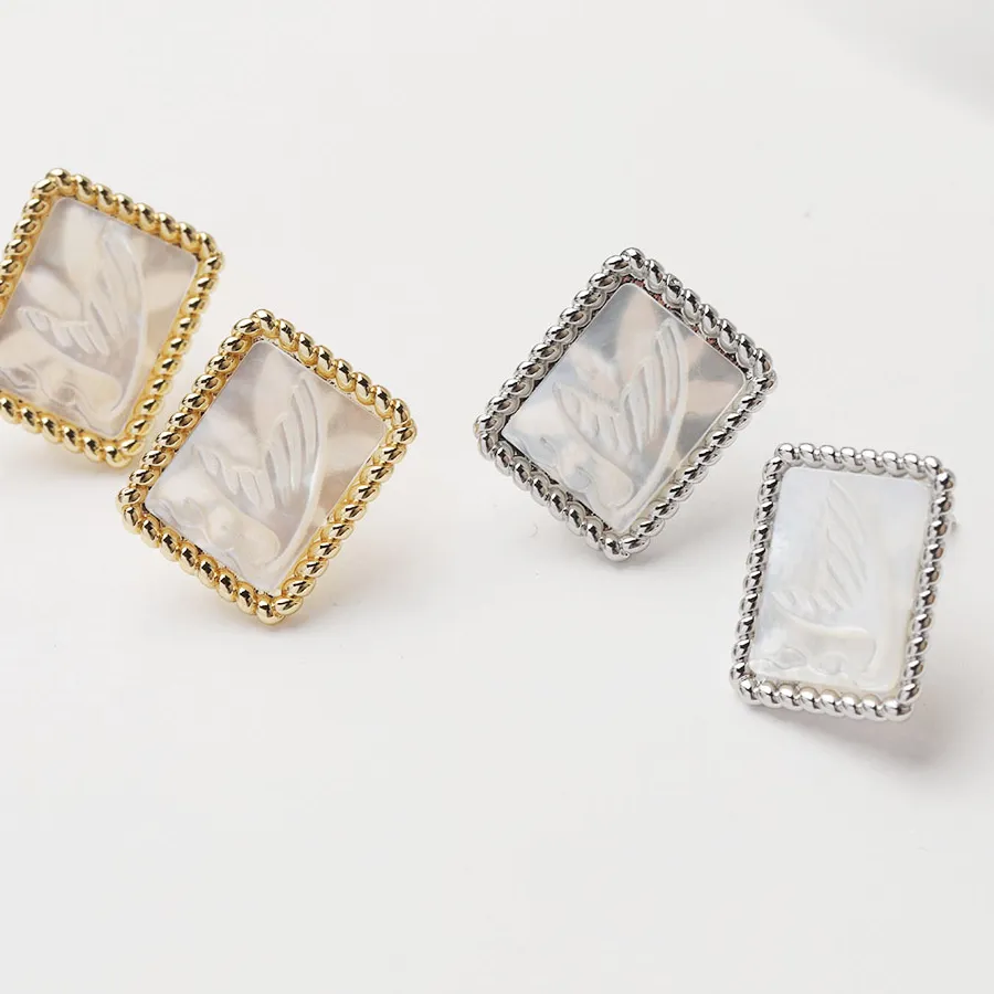 Authentic 2PCS 14K Gold Plated Vintage Rectangular Inlaid Shell Earrings Studs Jewelry DIY Making Supplies Material Accessories