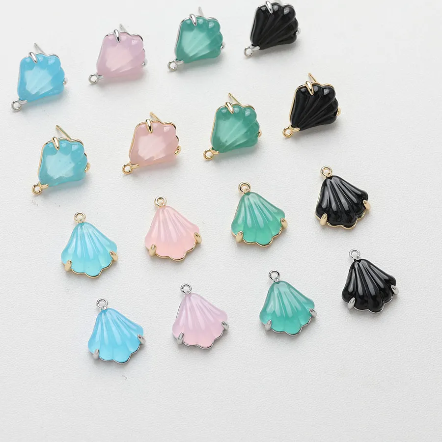Authentic 2PCS 14K Gold Plated Inlaid Glaze Glass Shell Earrings Pendant Jewelry DIY Making Supplies Accessories