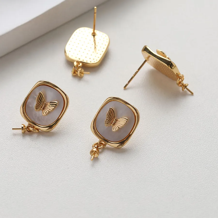 Authentic 2PCS 14K Gold Plated Inlaid Shell Butterfly Earrings Stud Jewelry DIY Making Supplies Handmade Material Accessories
