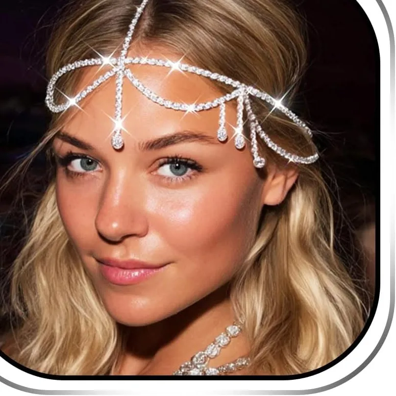 Authentic Silver Rhinestone Head Chain Jewelry Sparkly Bridal Crystal Headpiece for Women