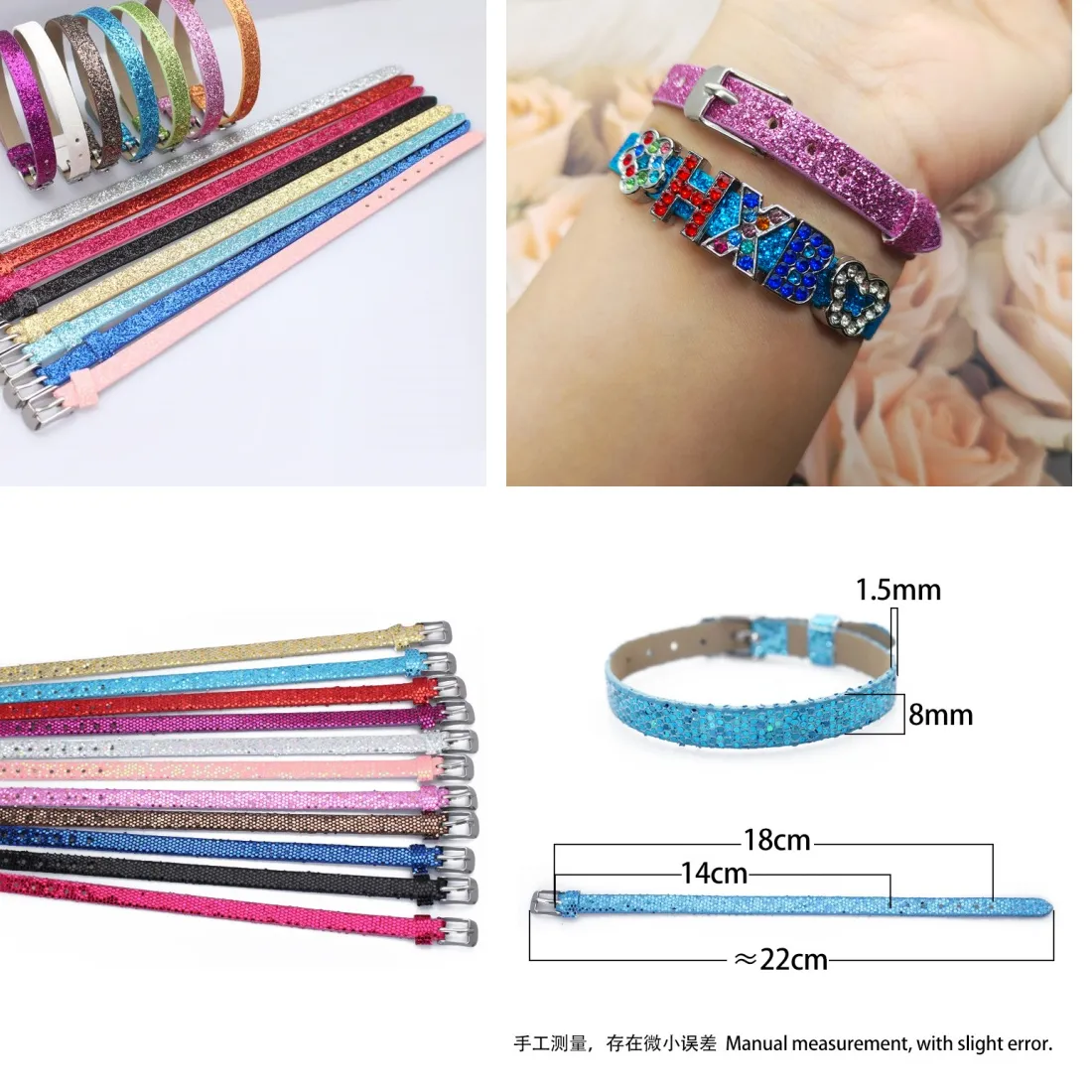 Authentic 30pc/lot 8MM wide glitter PU Leather wristband Sparkly bracelet fit for 8mm diy slide charms letters jewelrys making